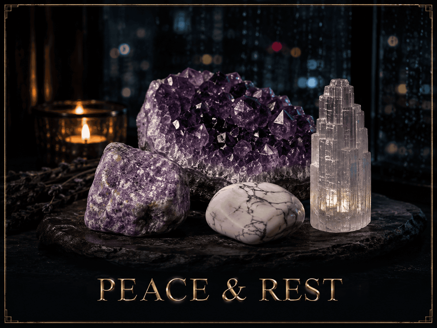Amethyst, selenite, and other healing crystals for peace and rest.