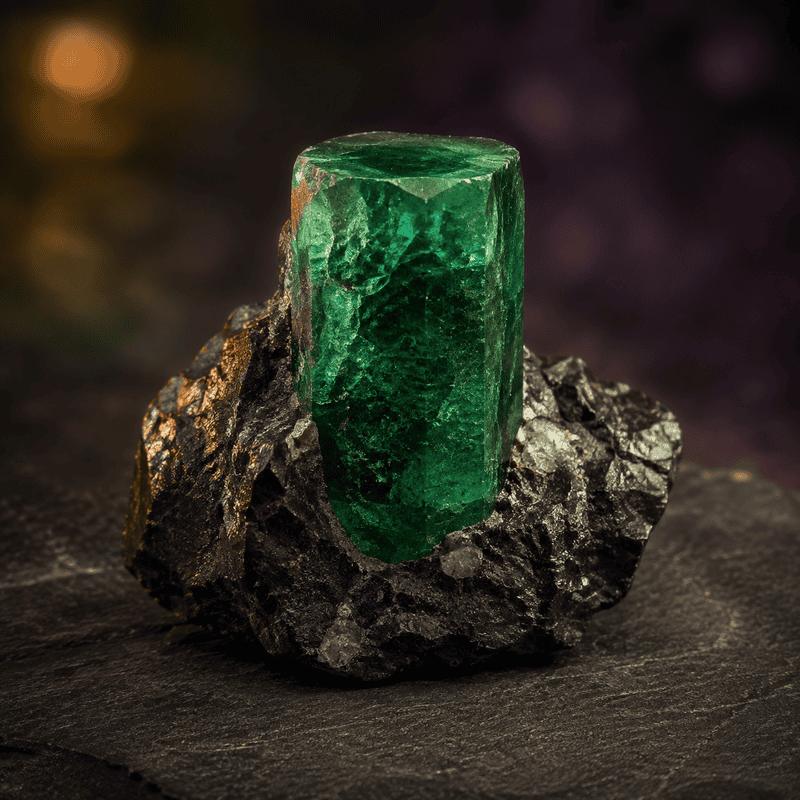 Vivid green emerald gemstone on dark textured surface for jewelry or mineral collection.