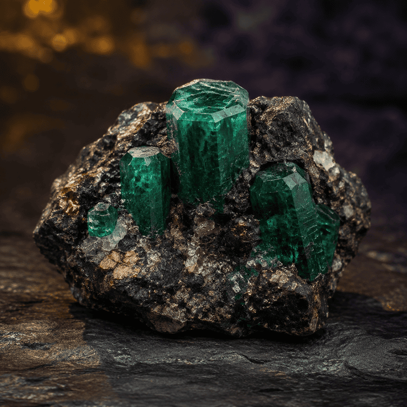 Vivid green emerald crystals on rough dark rock surface.