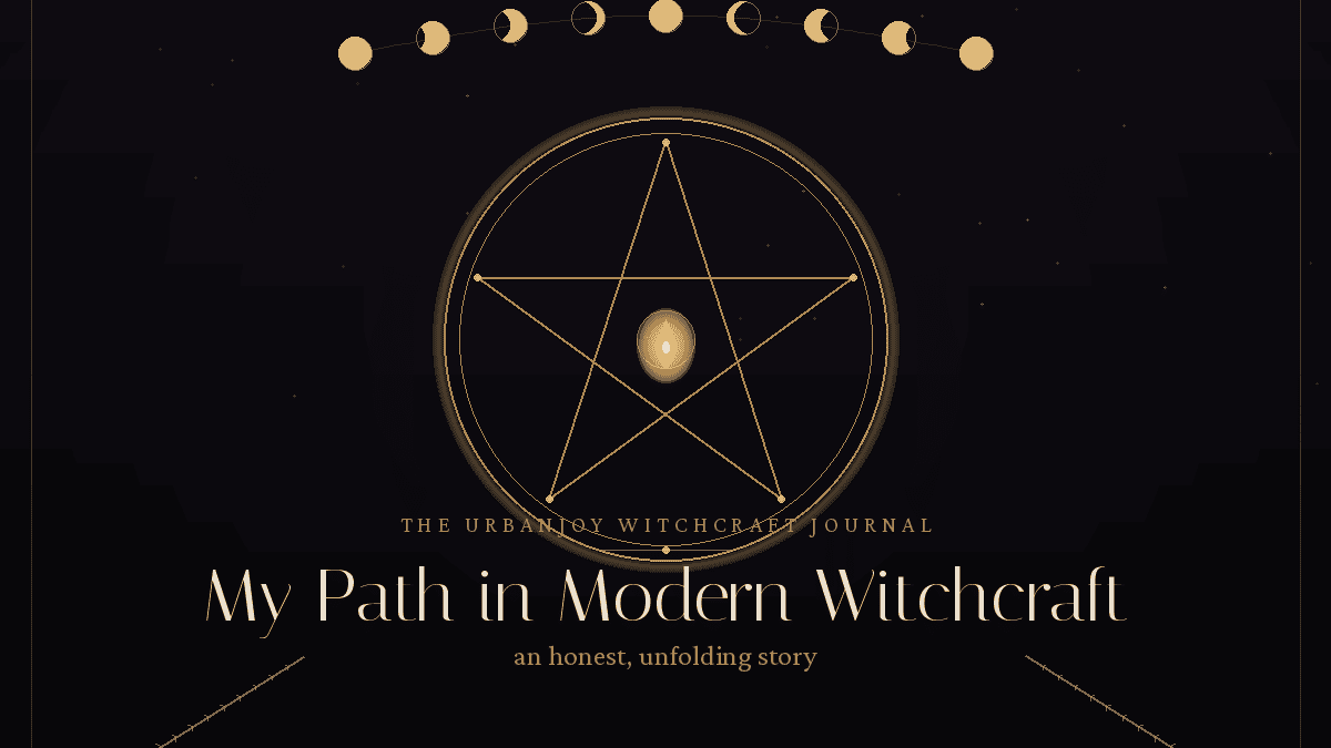 Modern witchcraft journal cover with pentagram and celestial symbols.