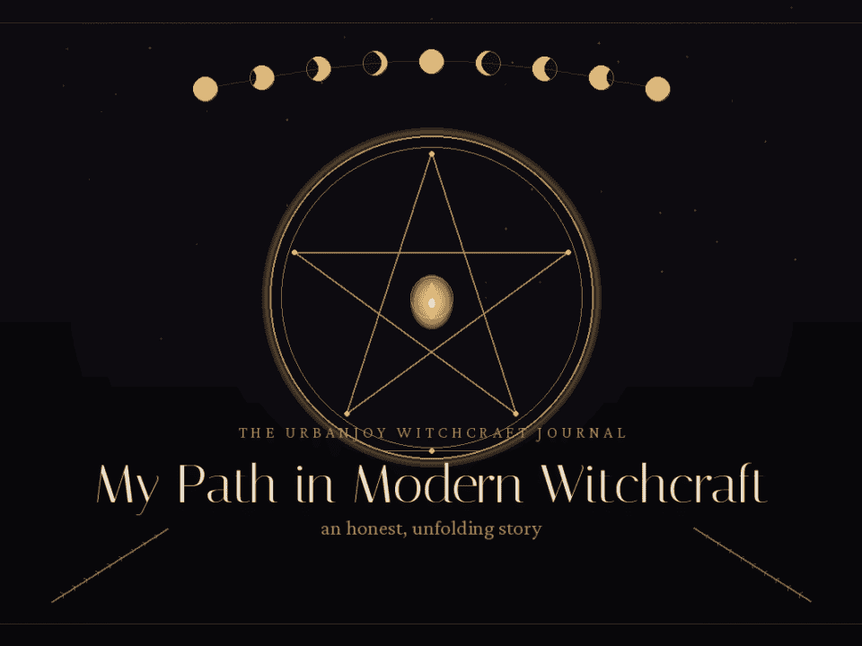 Modern witchcraft journal cover with pentagram and celestial symbols.