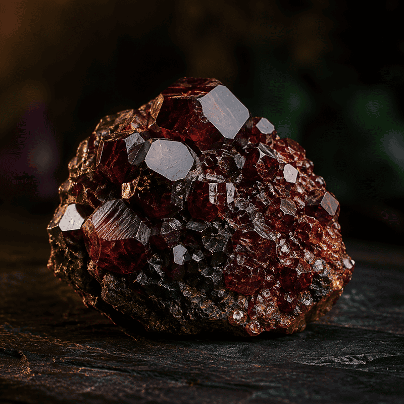 Close-up of a garnet mineral with deep red crystals on dark background.