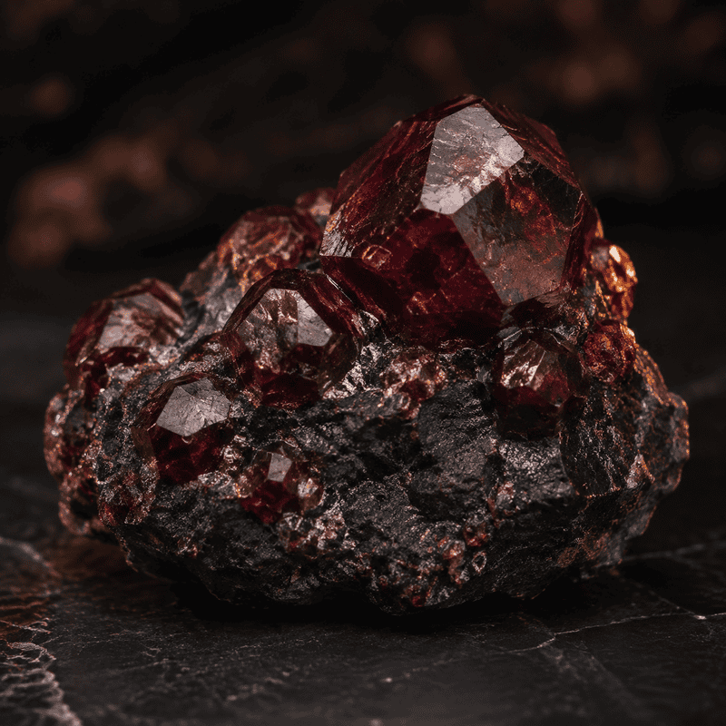 Close-up of a deep red garnet mineral on a dark background.