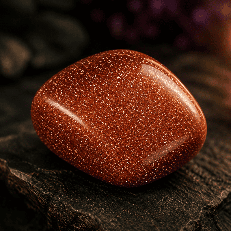 Polished red goldstone gemstone on dark wooden surface for jewelry design.