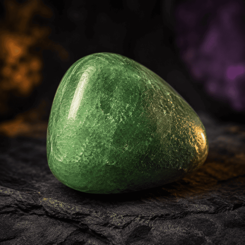 Polished green jade stone on dark textured surface for healing and meditation.