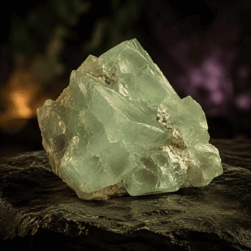 Close-up of a green quartz crystal on dark background.