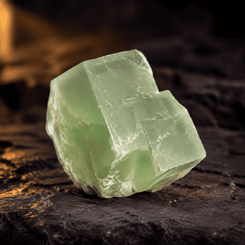 Close-up of a green mineral crystal on dark wooden background.