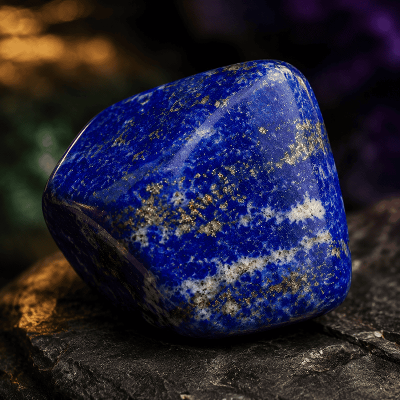 Polished lapis lazuli gemstone with gold flecks on a textured surface.