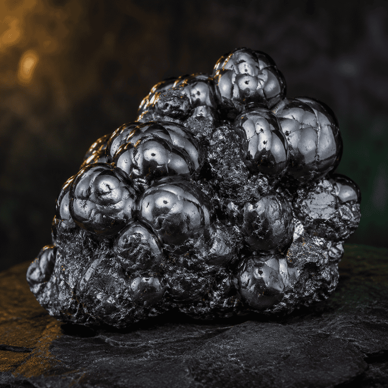 Close-up of a shiny black bismuth crystal with intricate bubbles and metallic luster.