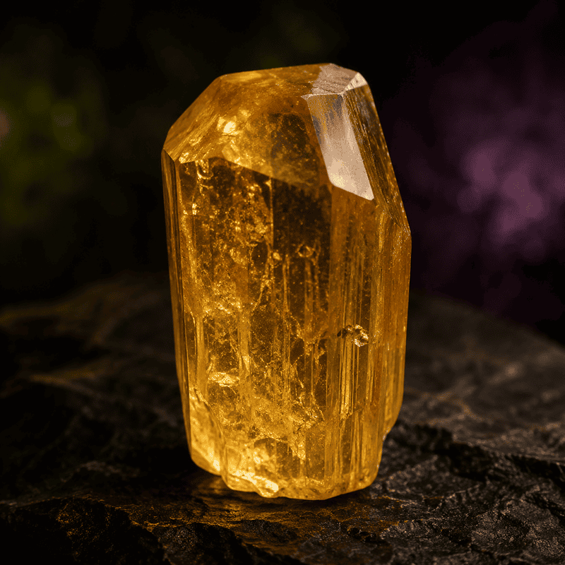 Shiny golden crystal with geometric facets on dark textured background.