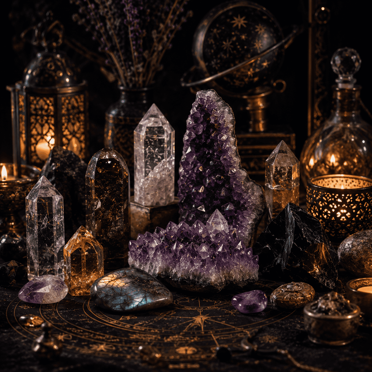 Decorative crystals, candles, and celestial decor for spiritual ambiance.