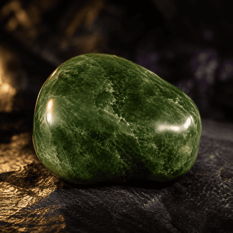 Polished green jade stone on dark background for healing and wellness.