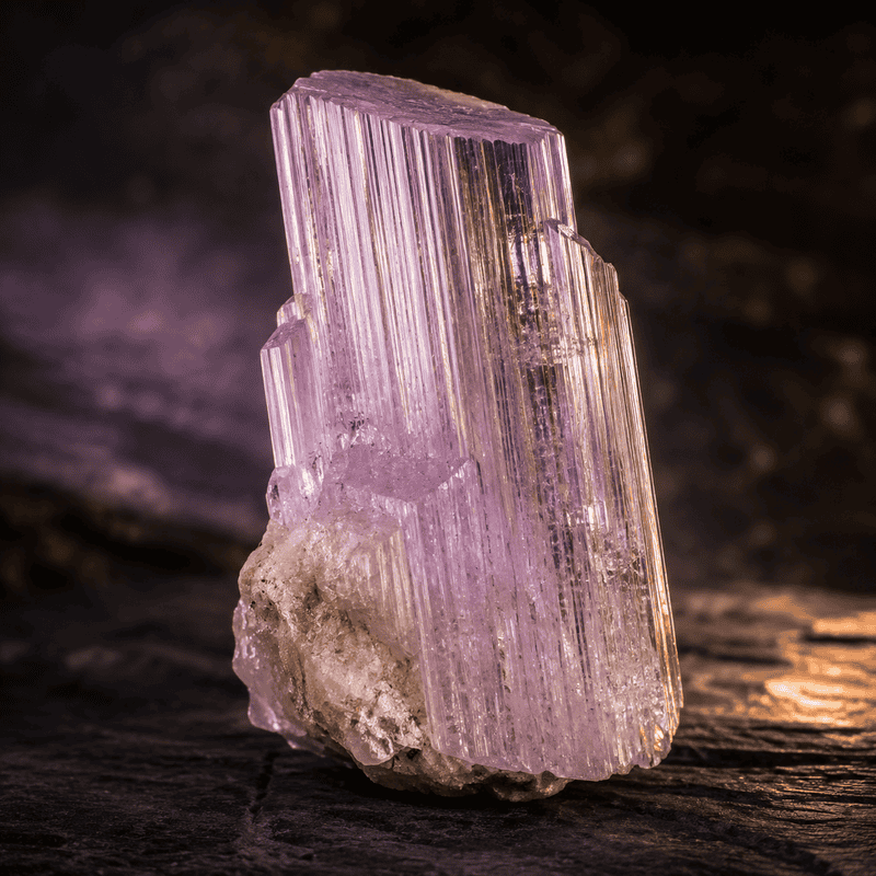 Pink crystal mineral with vertical striations on dark background.