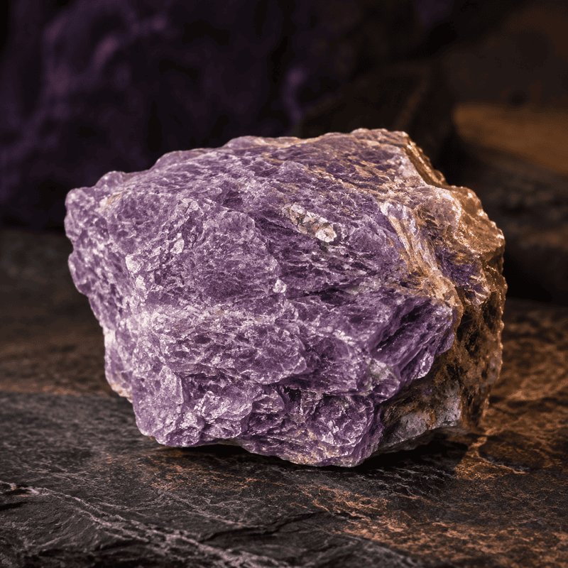 Close-up of a purple mineral rock on a dark surface.