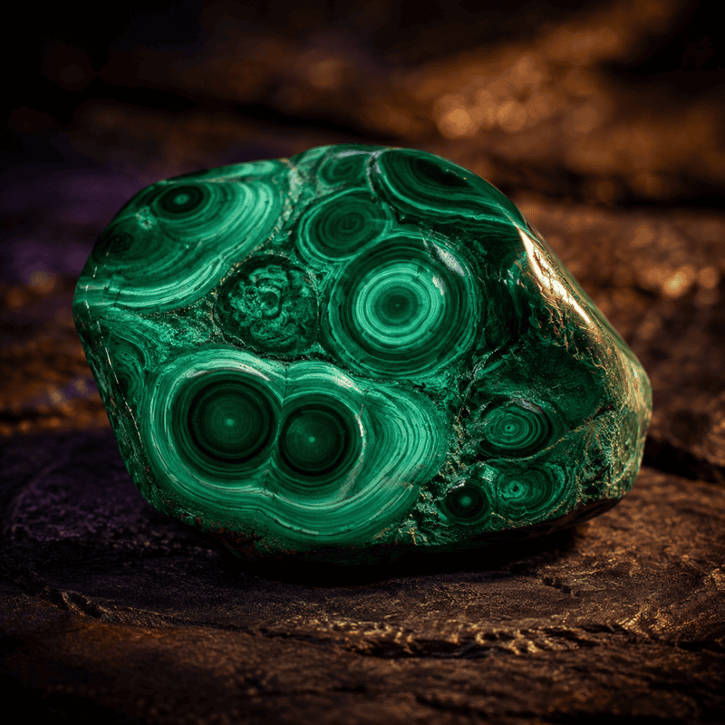 Close-up of a polished malachite gemstone with green circular patterns on a wooden background.