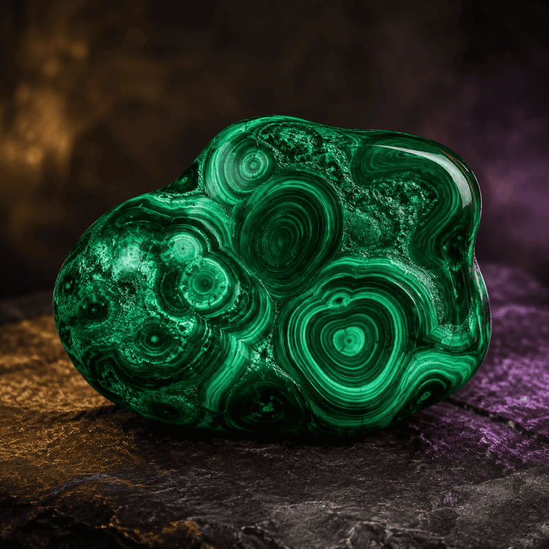 Close-up of a polished green malachite gemstone with intricate banding patterns.