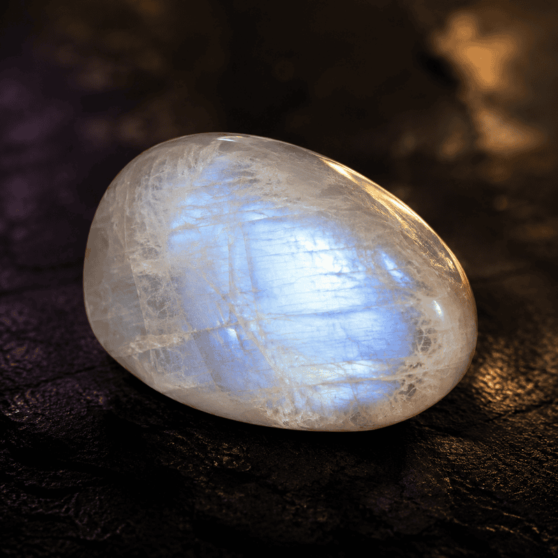 Shiny moonstone gemstone glowing with blue light on dark background.
