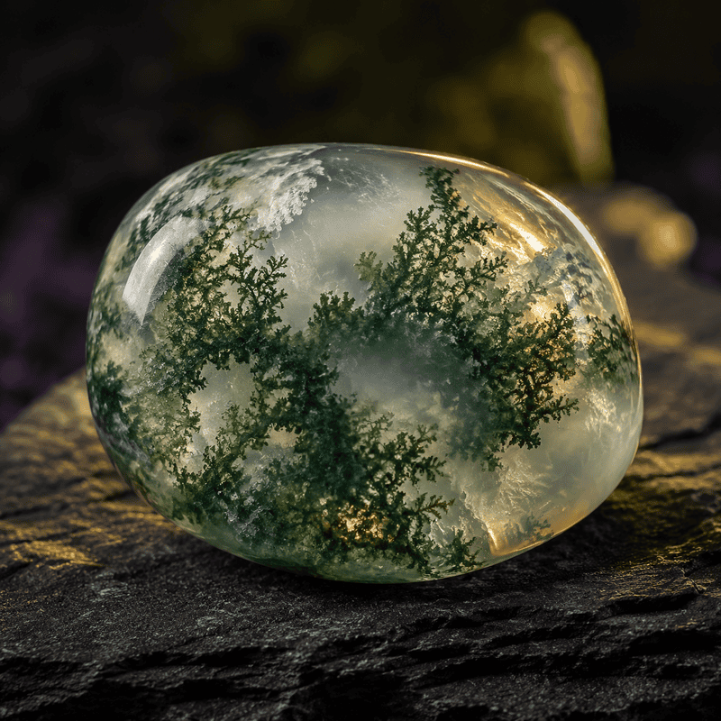 Glass pebble with tree reflections and sky background for eco-friendly design.
