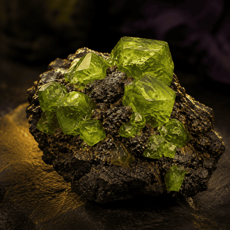 Vivid green peridot crystals on black matrix for jewelry or mineral collection.