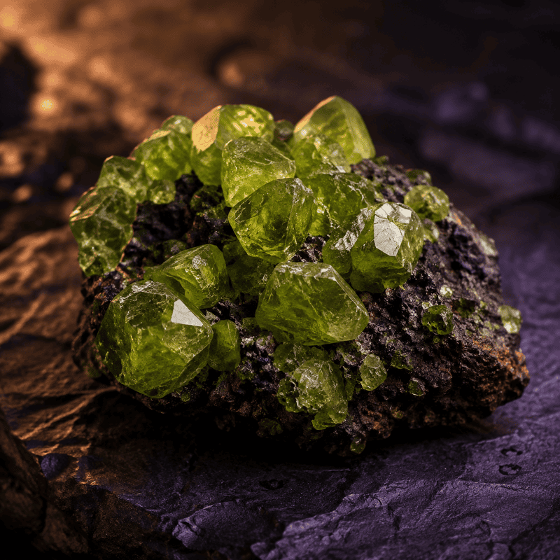Bright green peridot crystal cluster on dark textured rock surface.