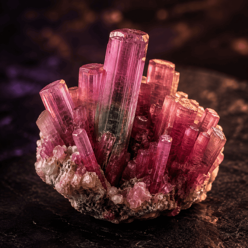 Pink tourmaline crystal cluster on dark background, natural mineral specimen.