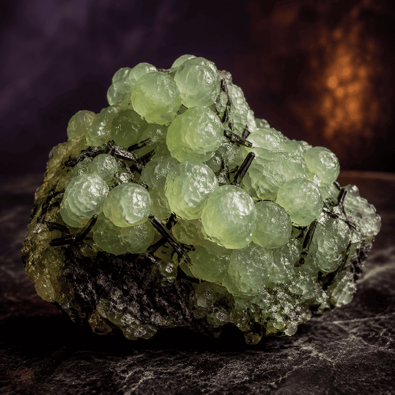 Close-up of green mineral crystals on dark rock surface.