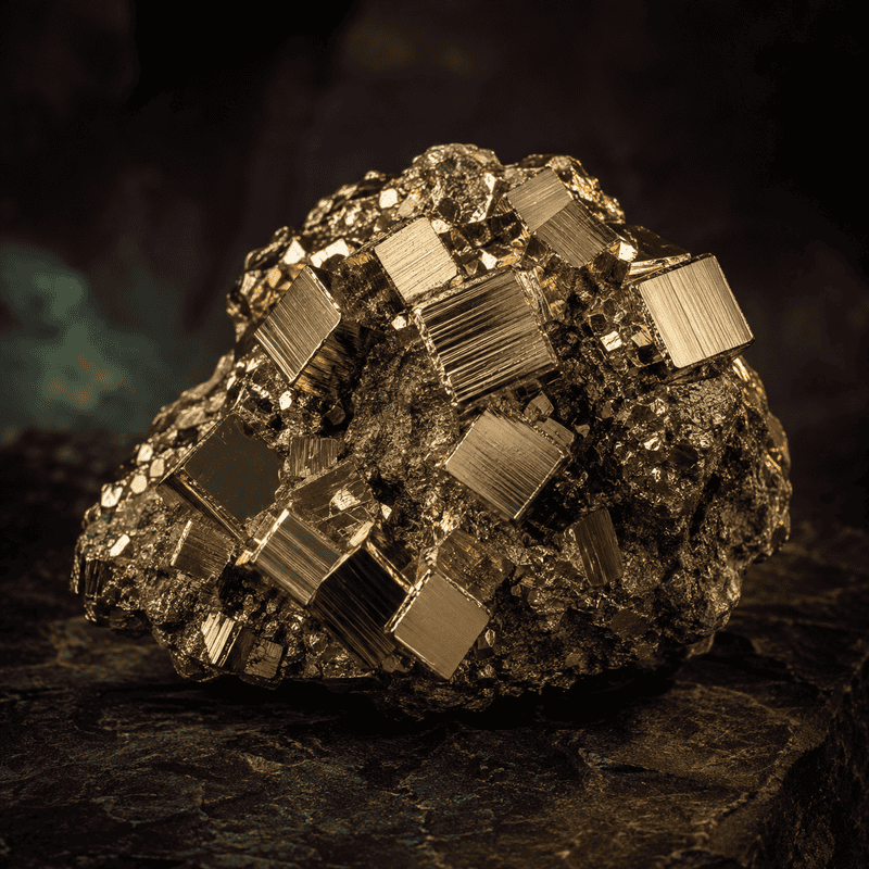 Close-up of pyrite mineral with metallic gold color and cubic crystals.