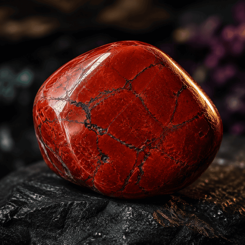 Polished red jasper stone on dark textured surface for healing and meditation.