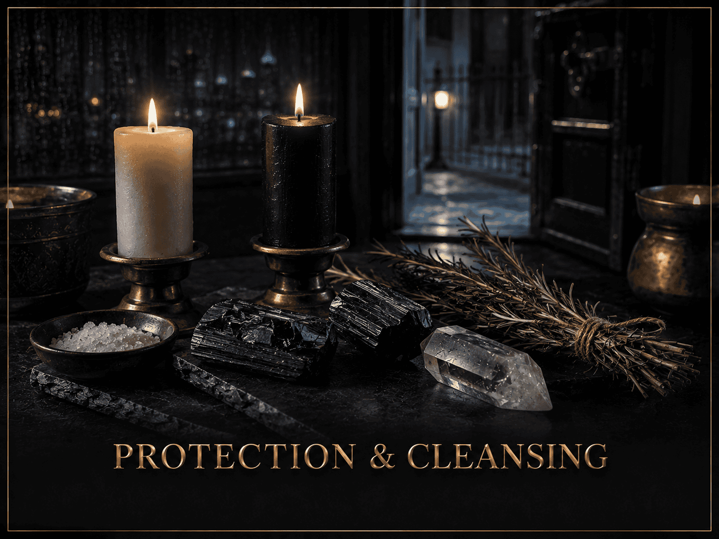 Candlelit protection and cleansing ritual setup with crystals and herbs.