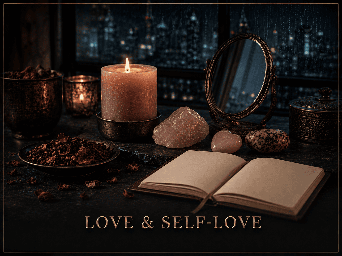 Cozy candlelit scene with mirror, crystals, and open journal for self-love.