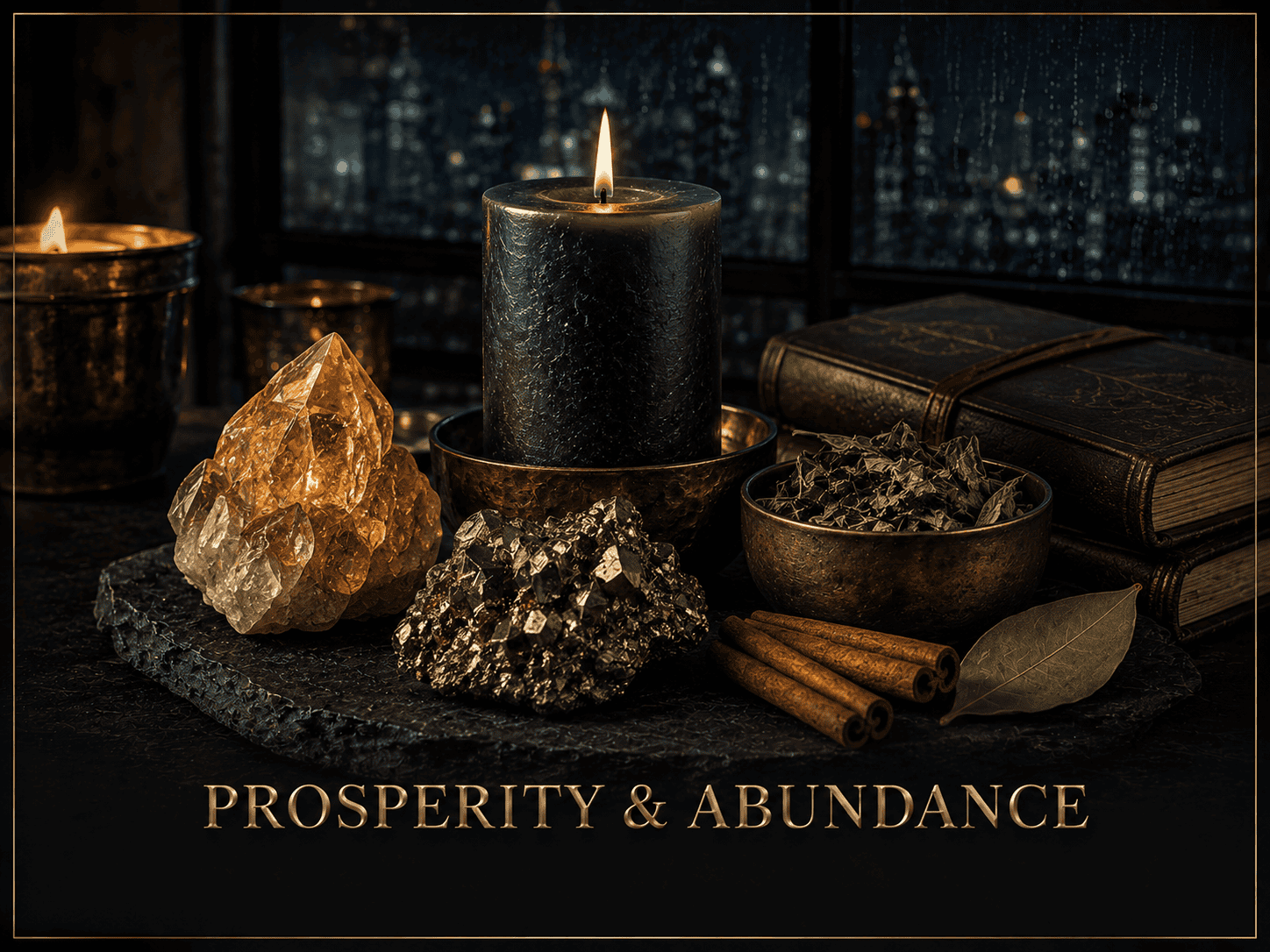 Candlelit scene with crystals, herbs, and books for prosperity and abundance.