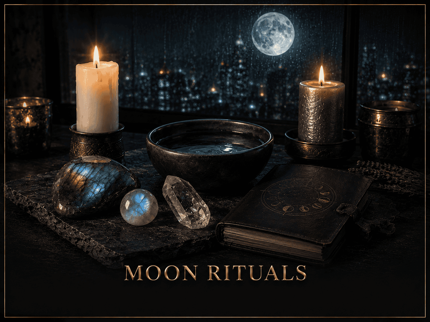 Moon rituals setup with candles, crystals, and a full moon view.