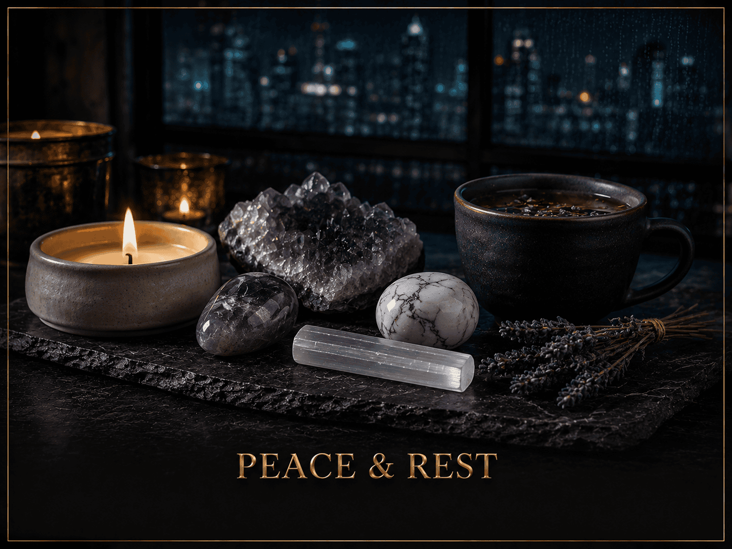 Calming crystals, candle, and tea for relaxation and peace at night.
