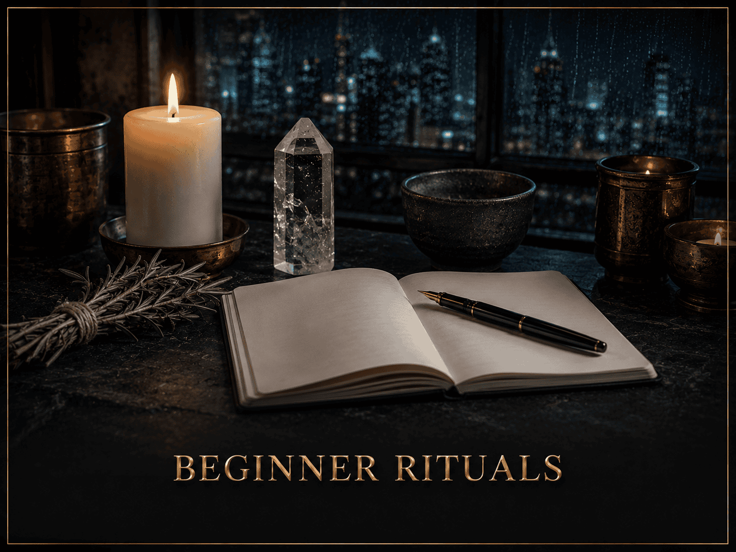 Open journal, candle, and crystals for beginner rituals at night.