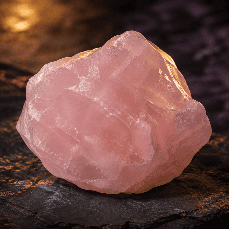 Pink Himalayan salt rock on dark surface with warm lighting.