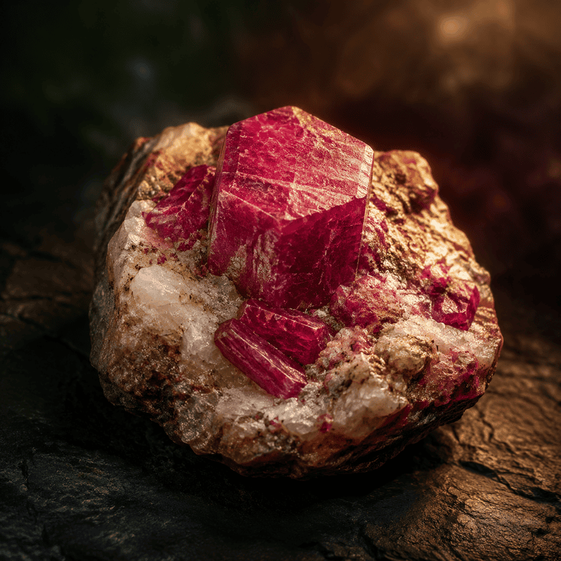 Bright red crystal mineral on rough rock surface for geological study.