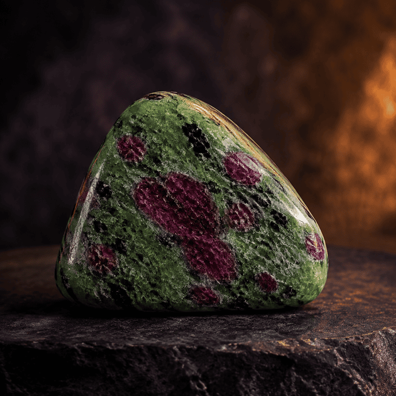 Polished jasper stone with green and pink patterns on dark surface.