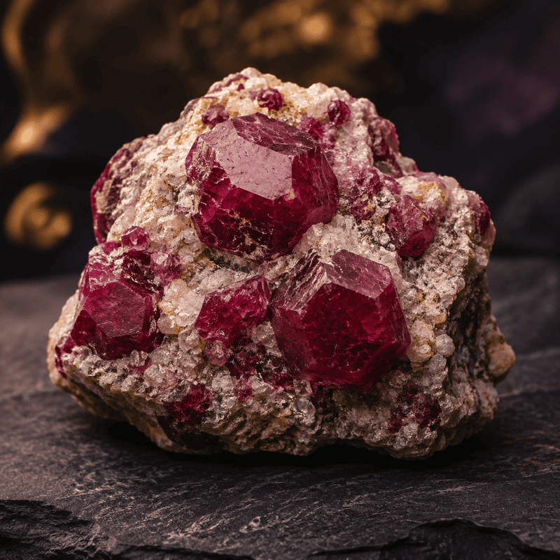 Bright red ruby crystals on rough mineral matrix for jewelry or collection.