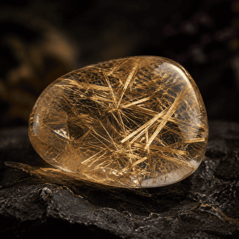 Close-up of a golden rutilated quartz crystal on dark background.