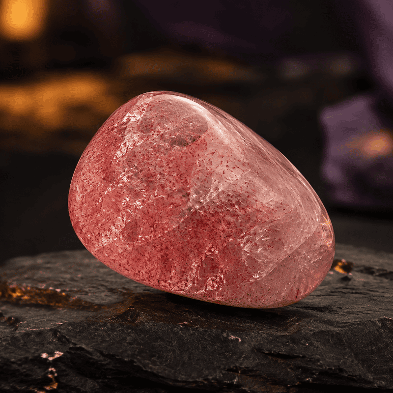 Polished pink rose quartz crystal on dark background.