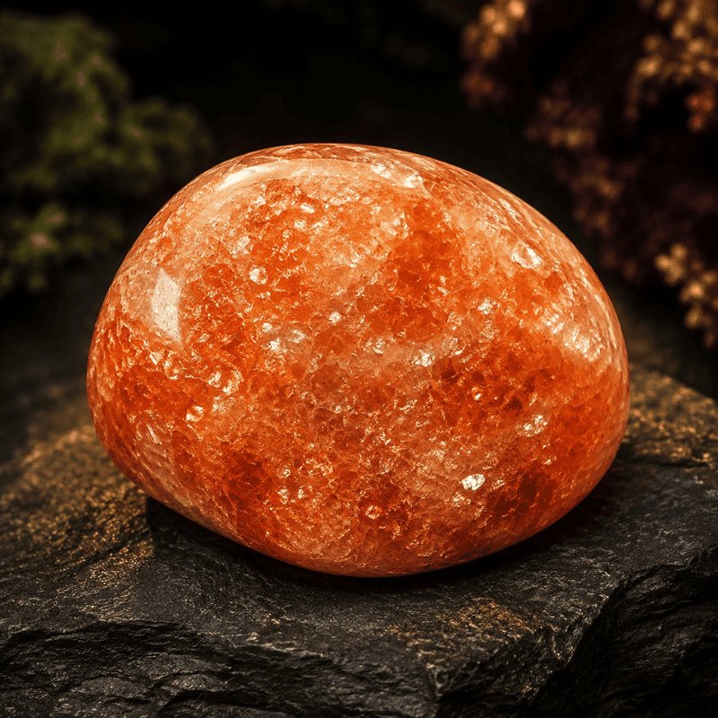 Polished moonstone gemstone with orange and white hues on black rock.