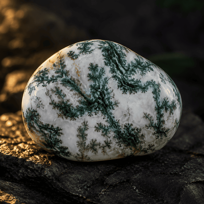 Close-up of a polished marble stone with green veining on dark surface.