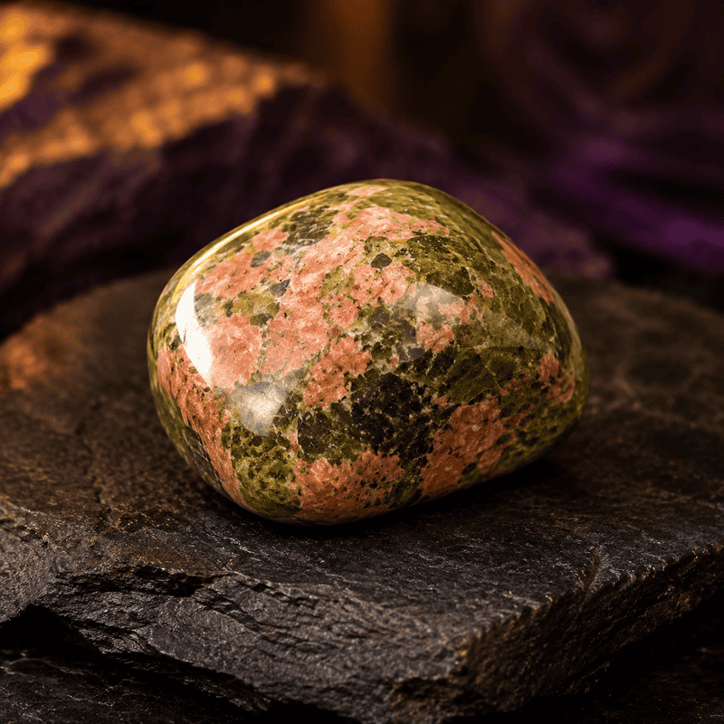 Polished rhodonite gemstone resting on dark slate surface.