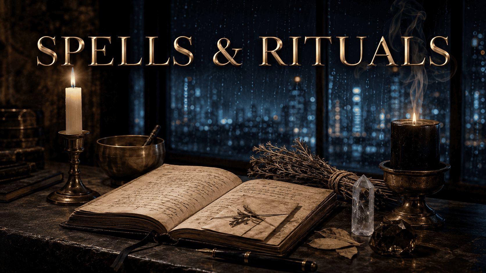 Open spellbook with candles and herbs for rituals at night.