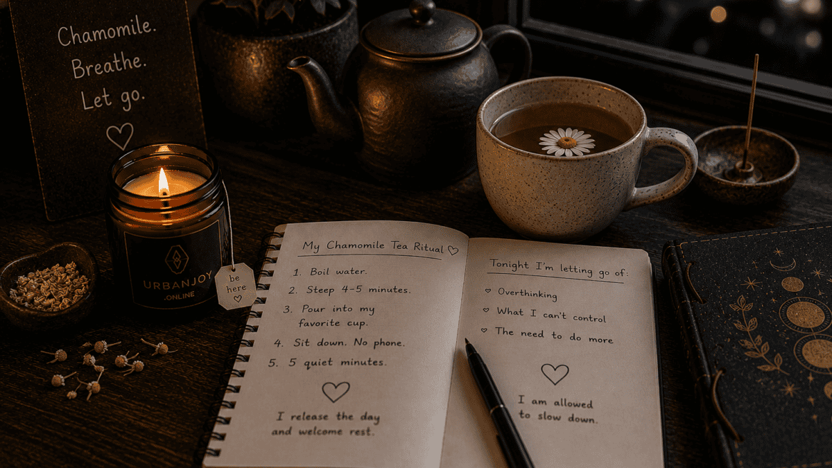 My Chamomile Tea Ritual for Winding Down Before Bed 6 Chamomile tea ritual steaming cup on a wooden nightstand beside a lit candle