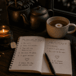 My Chamomile Tea Ritual for Winding Down Before Bed 5 Chamomile tea ritual steaming cup on a wooden nightstand beside a lit candle