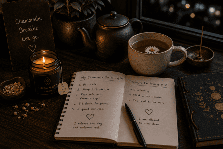 My Chamomile Tea Ritual for Winding Down Before Bed 5 Chamomile tea ritual steaming cup on a wooden nightstand beside a lit candle