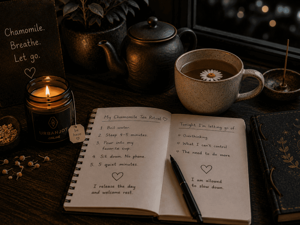 My Chamomile Tea Ritual for Winding Down Before Bed 12 Chamomile tea ritual steaming cup on a wooden nightstand beside a lit candle