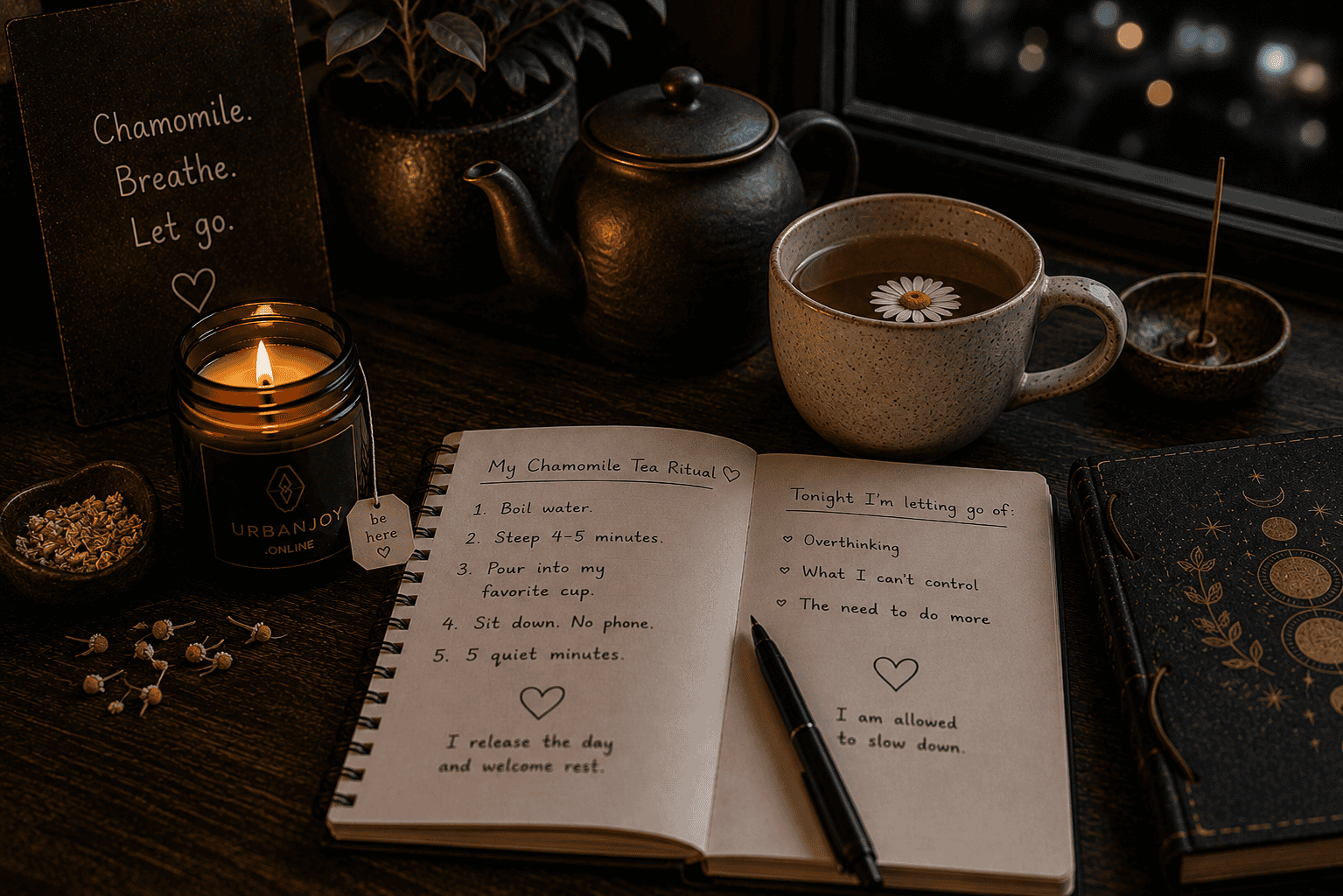 My Chamomile Tea Ritual for Winding Down Before Bed 7 Chamomile tea ritual steaming cup on a wooden nightstand beside a lit candle