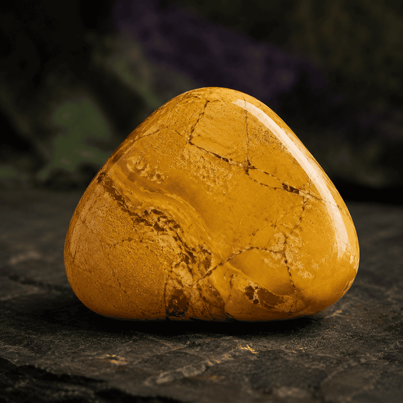Polished yellow jasper stone on dark textured surface for healing and meditation.
